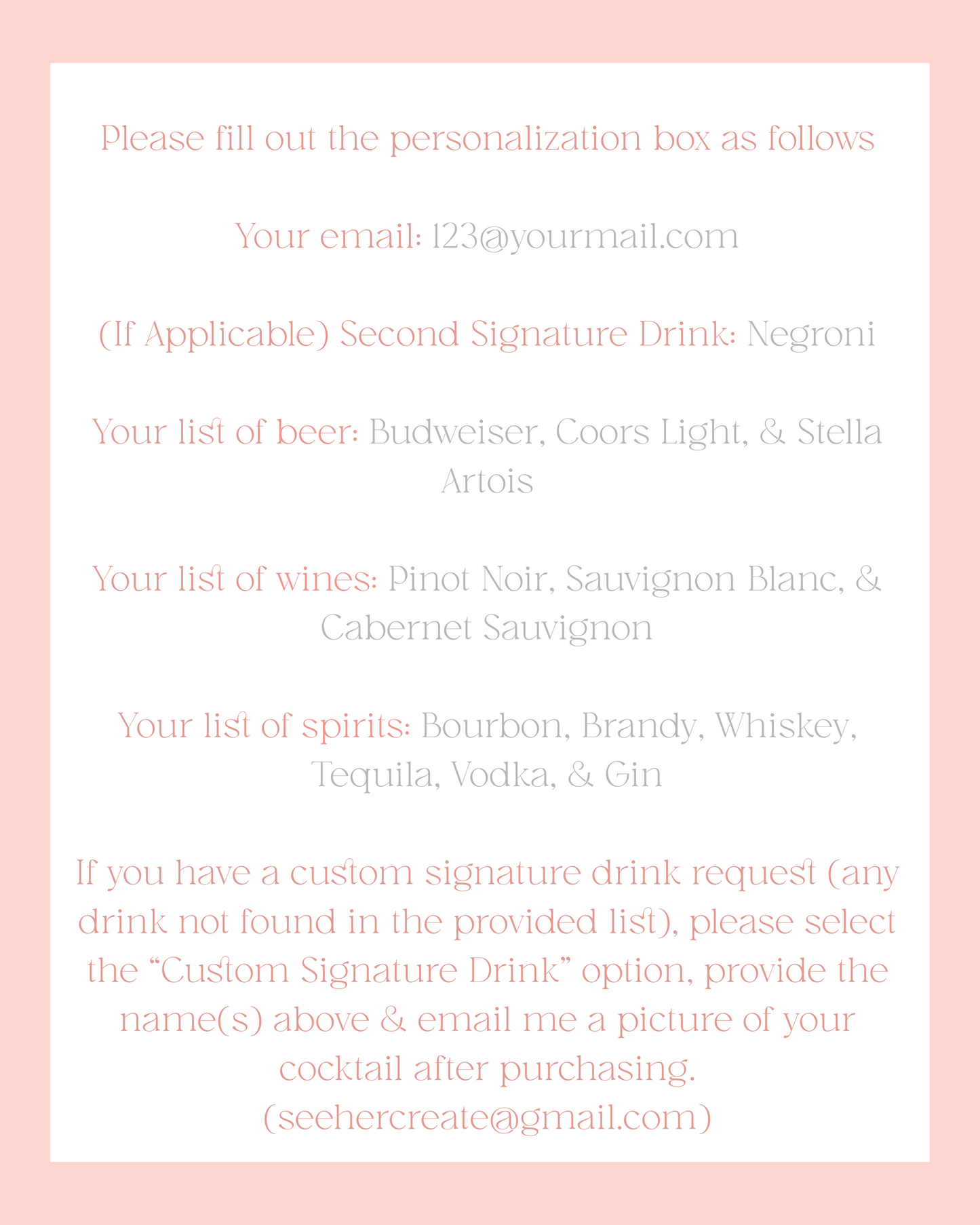 Custom Wedding Bar Menu 8x10 Digital File