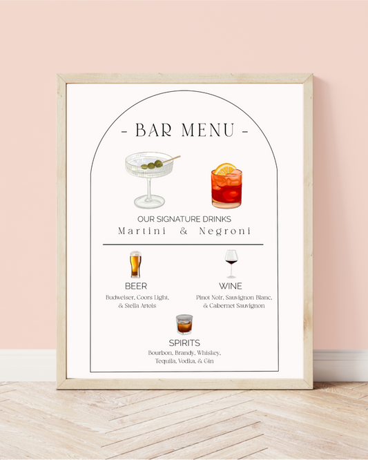 Custom Wedding Bar Menu 8x10 Digital File